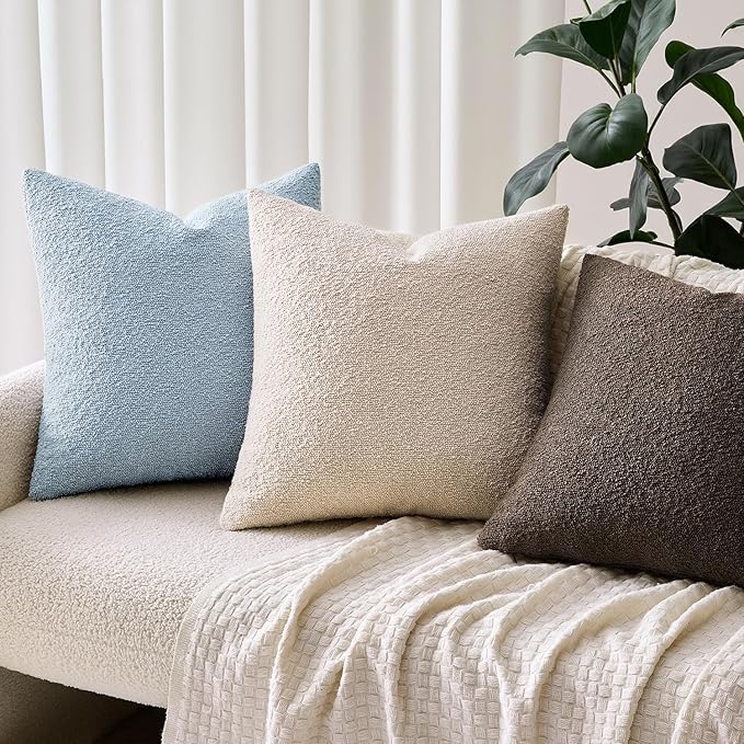 Woaboy Pack of 2 20x20 Inch Decorative Boucle Throw Pillow Covers Textured Square Pillowcaes Accent Solid Cozy Soft Cushion Covers Home Decor for Sofa Couch Living Room Home Decor,Coastal Light Blue