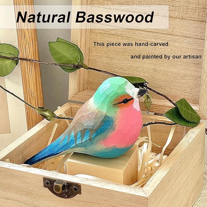 Handmade Wooden Carved Bird Decor Sculpted Hand-Painted Bird Figurines Small Home Decor Bird Statue Shelf Decor BFF Gifts for Bird Lovers(Lilac-Breasted Roller)