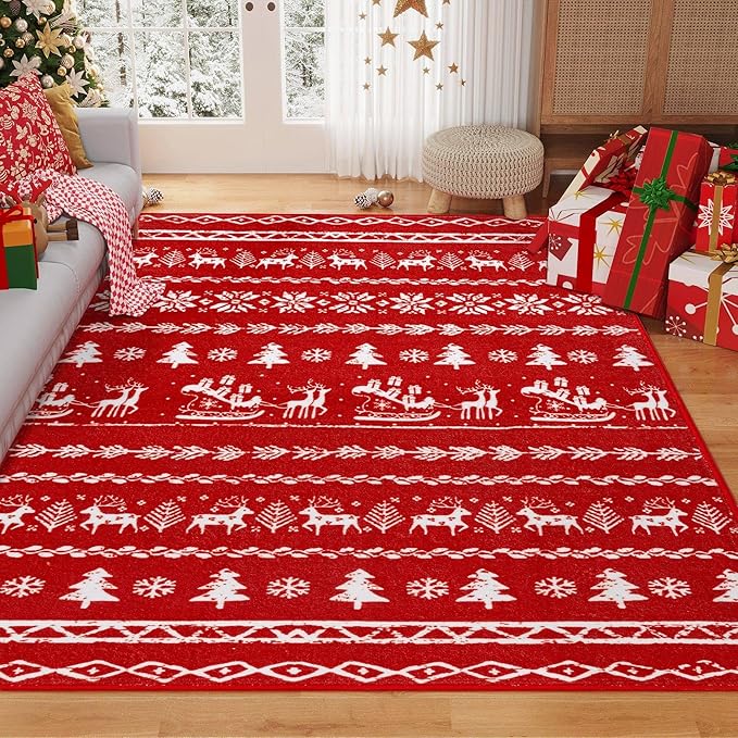 Christmas Area Rug 5x7 Red Kitchen Washable Carpet Xmas Snowflake Holiday Decor Indoor Throw Rug Living Room Soft Low Pile Carpet Non Slip Bedroom Dining Room Office Nursery Bathroom