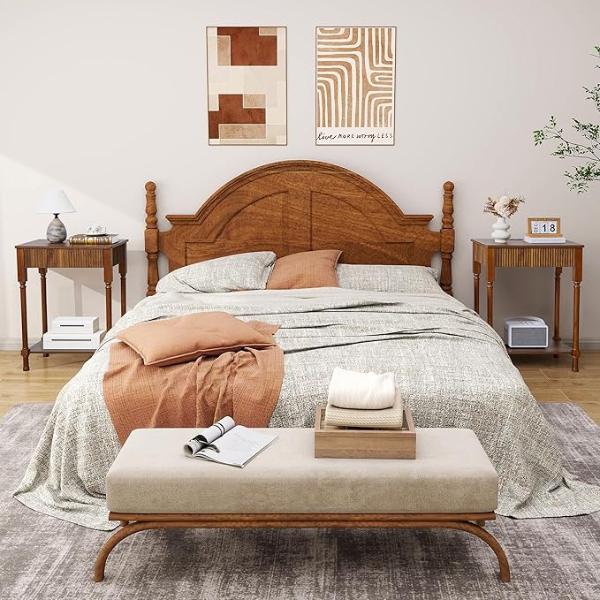 23.6” Large End Table with Charging Station, Set of 2, Modern Farmhouse Side Table Sofa Tables with Fluted Drawer, Wooden Bedside Table Night Stand for Bedroom Living Room Home Office, Walnut