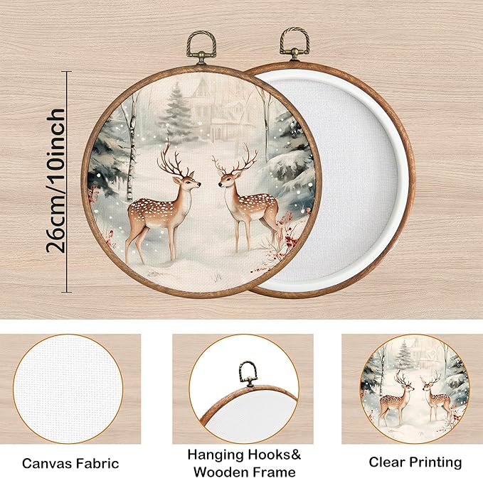 KSDUT Christmas Wall Decor Art - Winter Woodland Xmas Wall Art Canvas Frame Hanging Prints, Vintage Pine Tree Deer Holiday Landscape Round Wall Art Decor for Home Bedroom Decorations 10"x10"