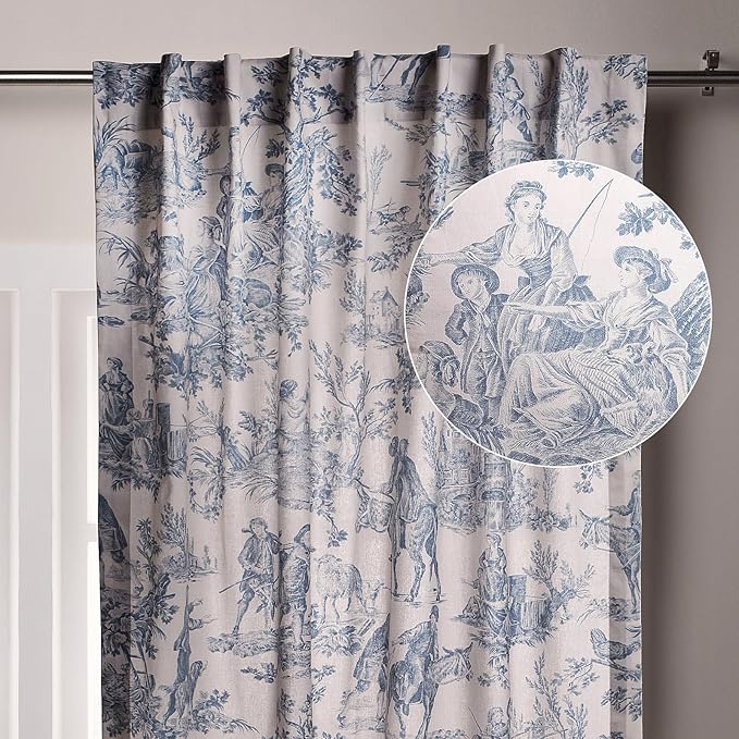 Maison d' Hermine Curtains for Living Room 100% Cotton 108 inch Length One Panel Light Filtering Toile Curtains for Bedroom Windows with Rod and Loop Pockets Drapes (The Miller Denim, 50" W x 108" L)