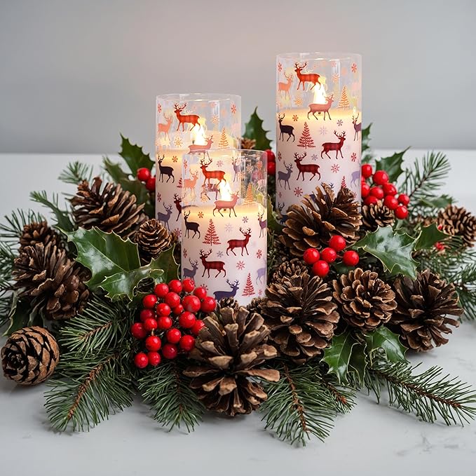 Red Buffalo Plaid Reindeer Christmas Glass Flameless Candles with Remote, Flickering Snowflakes Tree Xmas Decorative LED Pillar Candles Set of 3