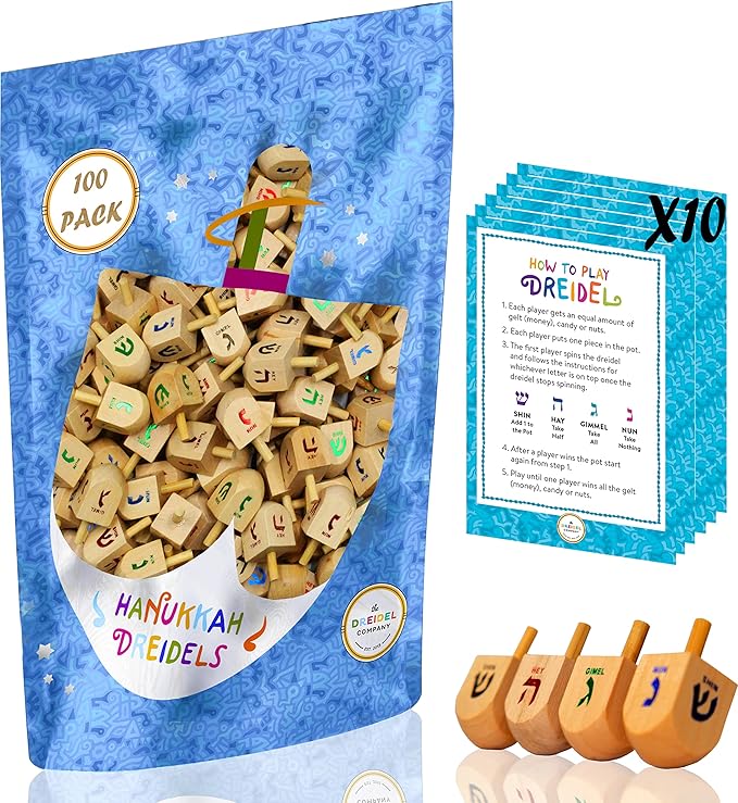 Natural Wood Dreidels Hanukkah Draydel with English Transliteration & Instruction Cards (100-Pack)