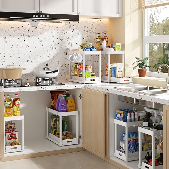 2PC Under Sink Organizer Rack 2 Tier Under Sliding Cabinet Basket Organizer Drawer with 4 Hooks, Multi-purpose Under Sink Storage for Bathroom Kitchen Desktop(White)