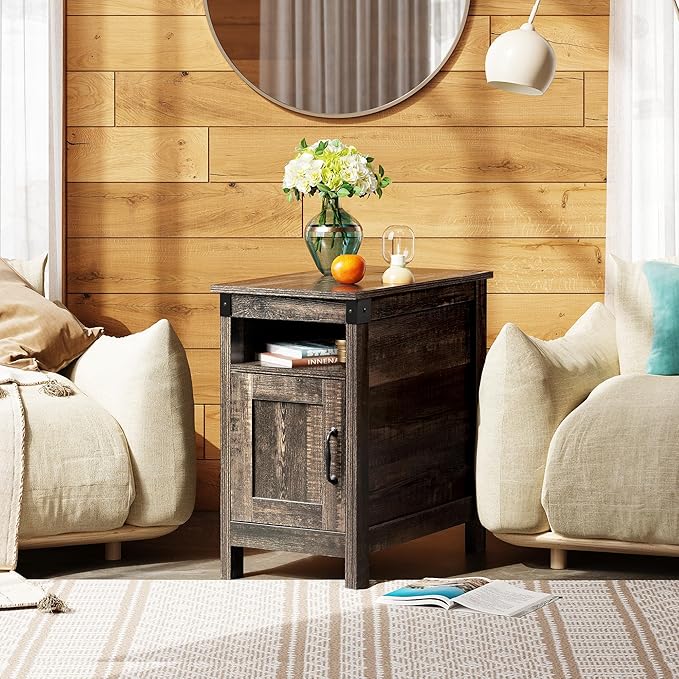 WLIVE End Table with Charging Station, Side Table with USB Ports and Outlets, Narrow Side Table for Small Spaces, Living Room, Couch, Nightstand with Storage, Brown