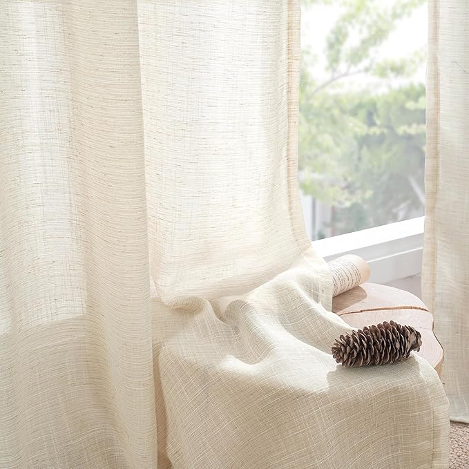 BGment Beige Linen Semi Sheer Curtains for Kitchen Cafe Window 40 Inch Length - Cream Light Filtering Drapes with Rod Pocket Textured Natural for Bathroom, 2 Panels, Each Panel 42 Inch Wide
