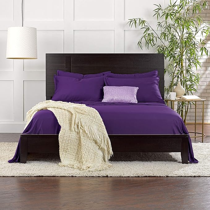 Full Sheets by Pure Bamboo, Genuine 100% Organic Viscose Derived from Bamboo Bed Sheet Set, Luxuriously Soft & Cooling, Double Stitching (Full, Purple)