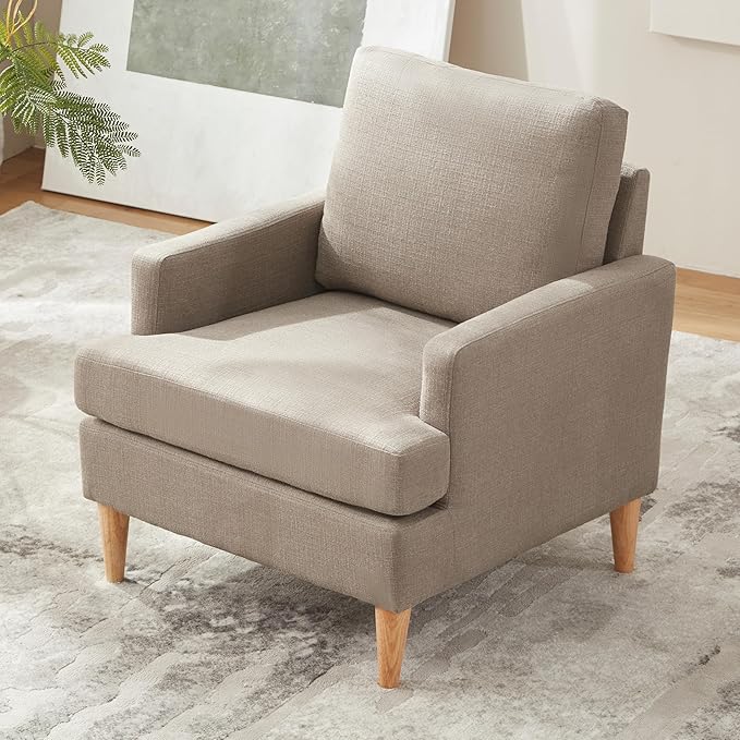 VKNOW Mid-Century Accent Chair, Modern Upholstered Chenille Armchair for Living Room,Comfy Reading Accent Chairs with Wood Legs for Bedroom, Brown Polyester