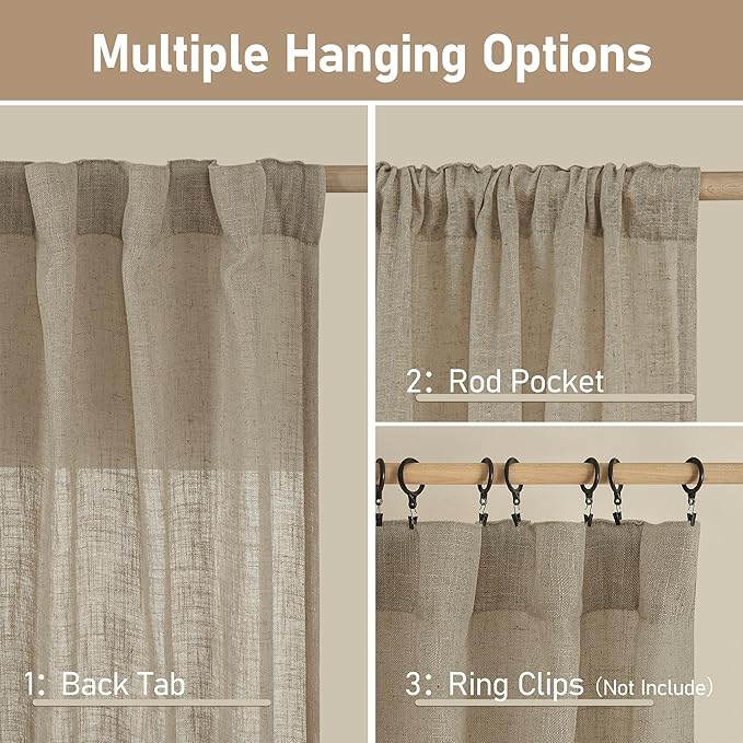 LAMIT Taupe Linen Curtains 90 Inch for Living Room, Back Tab and Rod Pocket Linen Textured Farmhouse Curtains Light Filtering Drapes for Bedroom/Dining Room, Set of 2, 52 x 90 Inch