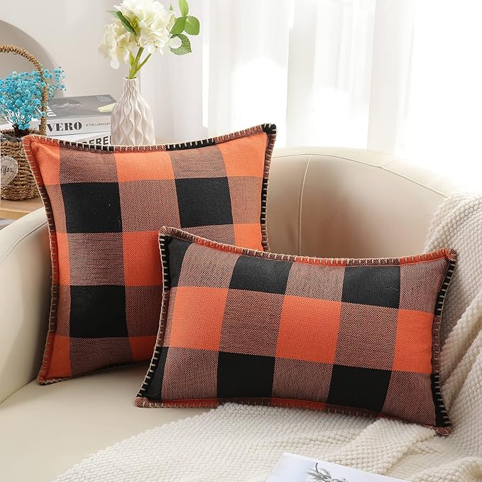 decorUhome Farmhouse Gingham Buffalo Plaid Check Throw Pillow Covers 22x22 Set of 2, Outdoor Fall Linen Decorative Pillow Covers with Stitched Edge for Bed Couch Sofa, Orange and Black