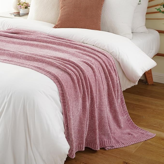 BATTILO HOME Chenille Throw Blanket for Couch, Pink Blanket Throw Chenille Knitted Blankets for Home Decor, Super Soft Blush Pink Throws for Bed Sofa Living Room, 51"x67"