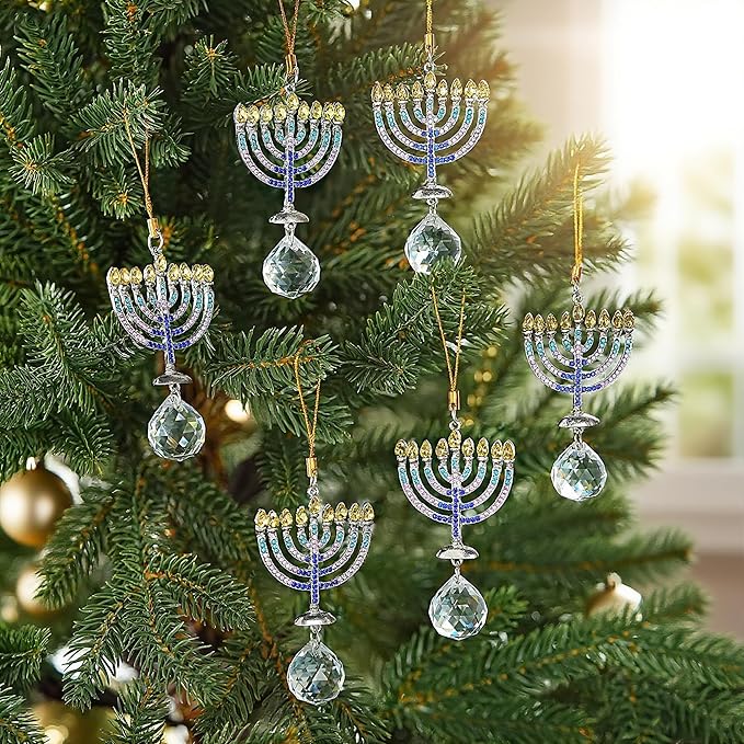 6 PCS Hanukkah Menorah Hanging Ornaments, Crystal Suncatchers for Christmas Tree, Halloween & Hanukkah Decorations, Window Suncatchers & Gift