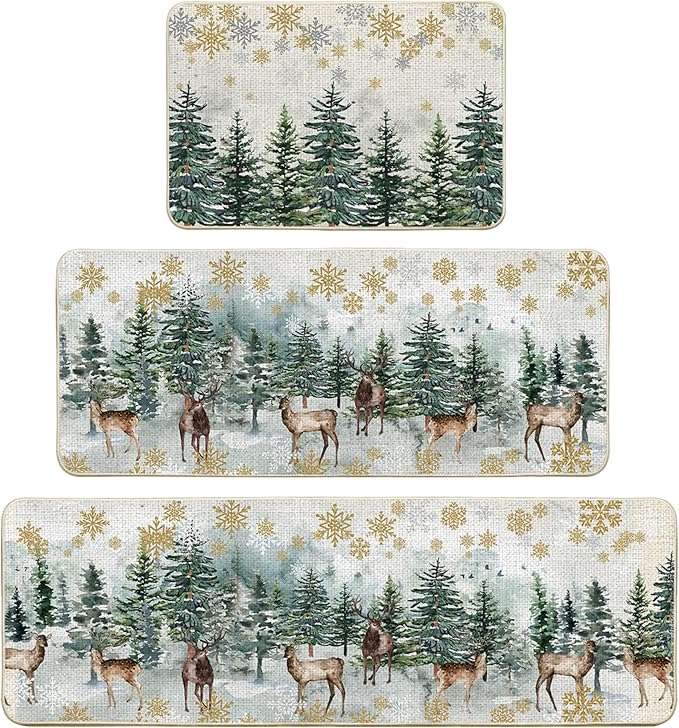 Artoid Mode Xmas Trees Deer Snowflakes Christmas Kitchen Mats Set of 2, Winter Home Decor Low-Profile Kitchen Rugs for Floor - 24"x36"+24"x59"+24"x72"