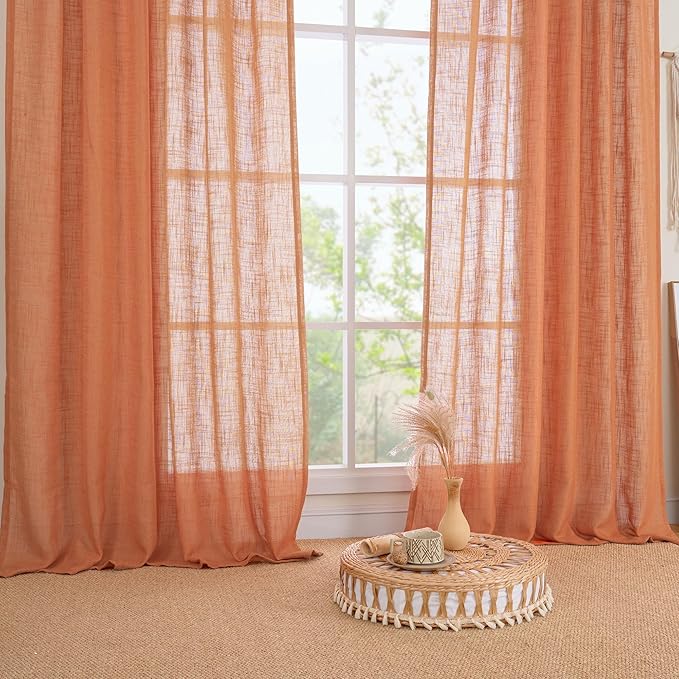 LAMIT Burnt Orange Linen Curtains 90 Inch for Living Room, Back Tab and Rod Pocket Linen Textured Farmhouse Curtains Light Filtering Drapes for Bedroom/Dining Room, Set of 2, 52 x 90 Inch