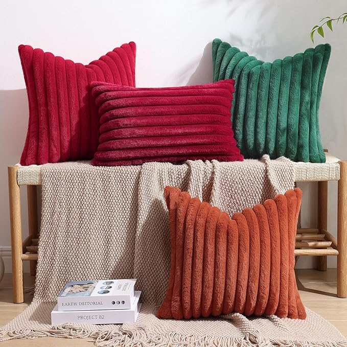 decorUhome Faux Fur Christmas Throw Pillow Covers 22x22 Set of 2, Decorative Soft Plush Striped Neutral Couch Euro Pillow Covers with Velvet Back for Sofa, Bed, Living Room Home Decor, Red