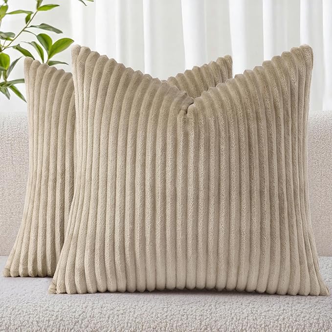 Simmore Decorative Fall Throw Pillow Covers 20x20 Set of 2, Soft Natural Plush Flannel Double-Sided Fluffy Couch Pillow Covers for Sofa Living Room, Khaki
