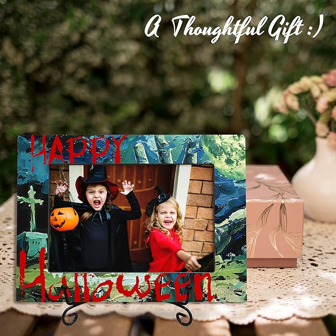 4X6 Halloween Picture Frame With A Metal Stand-Dark Style, Moon Night Scary Cemetery Wooden Photo Frame For Tabletop Display- Gifts for Kids Friends Family, Halloween Theme- A30