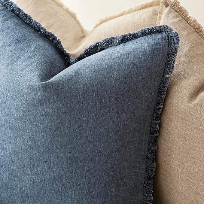 Foindtower Set of 2 Decorative Linen Fringe Throw Pillow Covers Cozy Farmhouse Cushion Cover with Tassels Accent Pillowcase for Couch Chair Sofa Bed Living Room Home Decor,20×20 Inch,Dark Blue