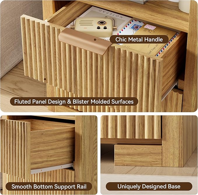 Fluted Nightstand Set of 2 with Charging Station,18" Night Stand with 2 Drawers,End Table with Storage, Bed Side Table for Bedroom,Modern Nightstand for Living Room, Oak
