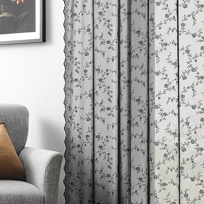 Black Lace Curtains 84 Inches Long, Vintage Floral Light Filtering Sheer Halloween Curtains for Living Room & Bedroom, Rod Pocket, 2 Panels Set, Branch Pattern (Black, 52" W x 84" L)