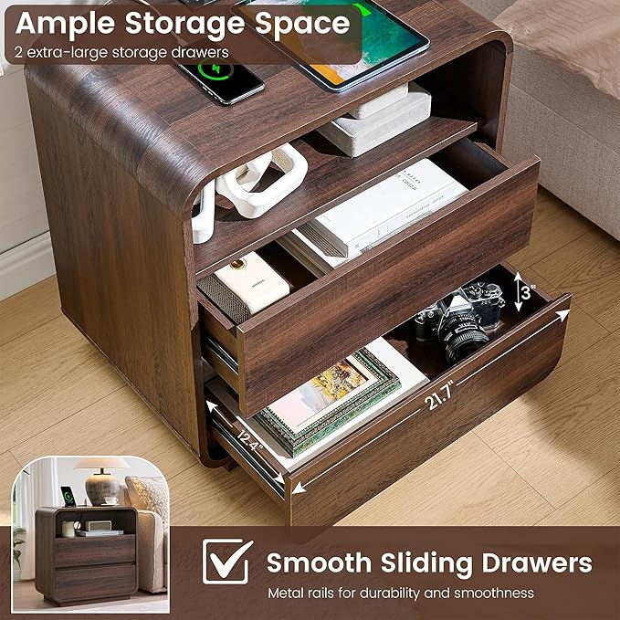 Modern Walnut Nightstand, 25" Tall Wooden Bedside Table with Charging Station, 2 Storage Drawers Side Table Curved Profile, Handleless, Large End Table Night Stand for Bedroom, Office