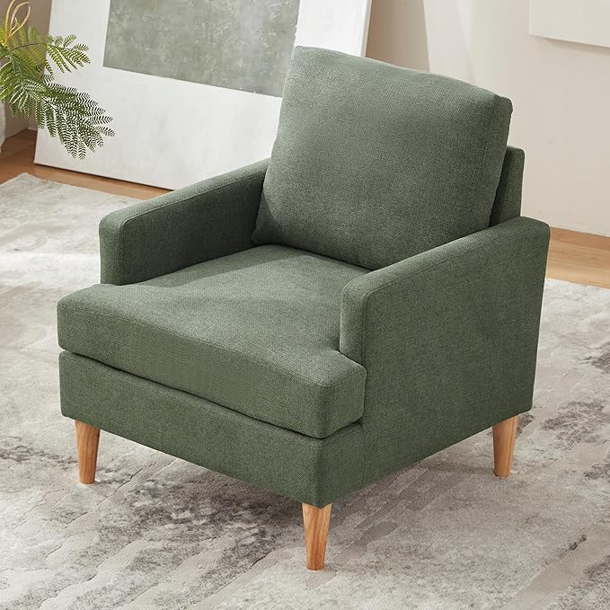 VKNOW Mid-Century Accent Chairs Set fo 2, Modern Upholstered Armchair for Living Room,Comfy Reading Accent Chairs with Wood Legs for Bedroom, Green Polyester