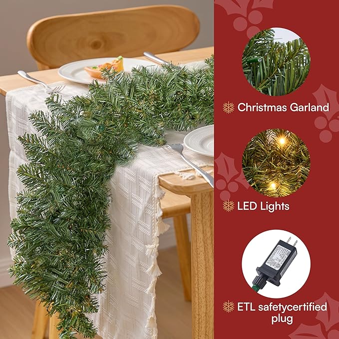 Joiedomi 9Ft Christmas Garland Prelit with 50 Count Light, Plug in Lighted for Home & Office Xmas Decorations Indoor and Outdoor Decor Holiday Decorations Xmas Garland Christmas Window Decor