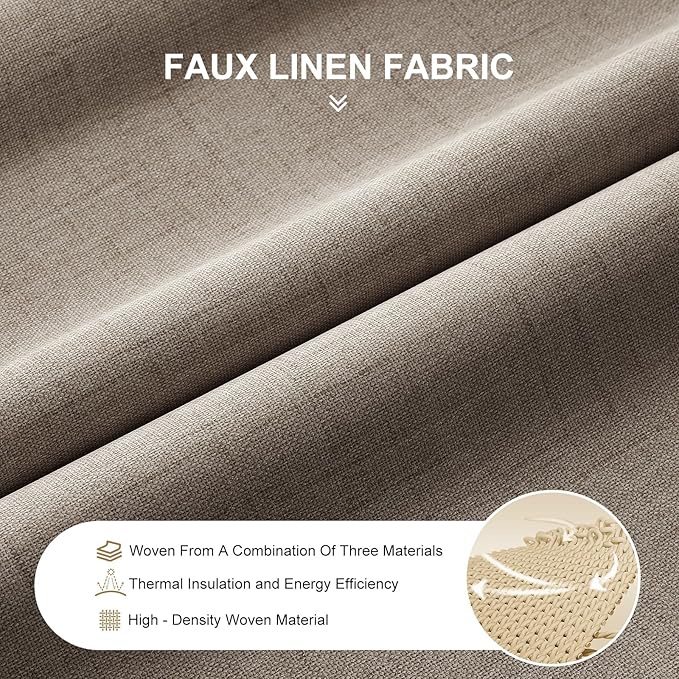 100% Blackout Curtains for Bedroom, Thermal Insulated Curtains 63 Inch Length Curtain 2 Panels, Luxury Soft Farmhouse Linen Textured Full Light Blocking Room Darkening Drapes, W52xL63, Brown