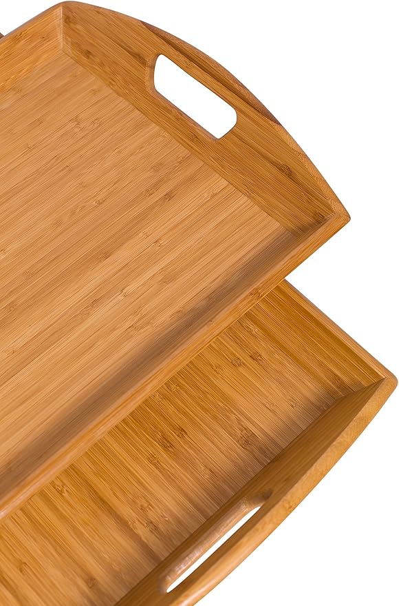 BIRDROCK HOME Breakfast Serving Tray with Handles - Set of 2 - Natural Bamboo - Wood - Food - Breakfast Tray - Party Platter - Nesting - Kitchen and Dining