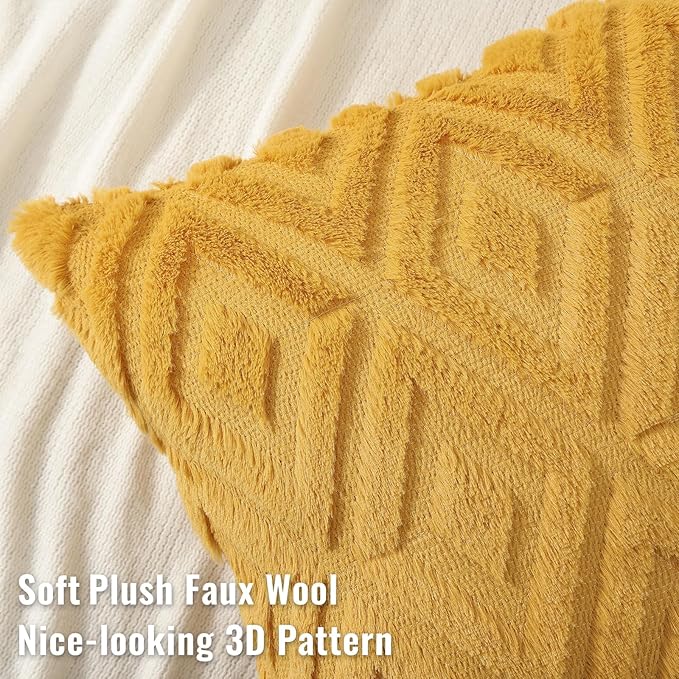 decorUhome Couch Throw Pillow Covers 26x26 Set of 2, Decorative Soft Plush Faux Wool Neutral Accent Pillow Covers for Bed Sofa Living Room, Mustard Yellow
