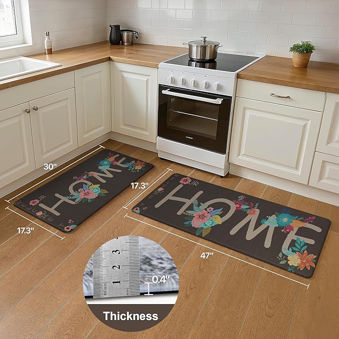 GENIMO Anti Fatigue Kitchen Mats for Floor, Non Slip Washable Home Theme Rugs Sets of 2, Farmhouse Cushioned Waterproof Comfort Runner Rug for Kitchen, Sink, Desk, Laundry, 17"x 47"+17"x 30", Coffee