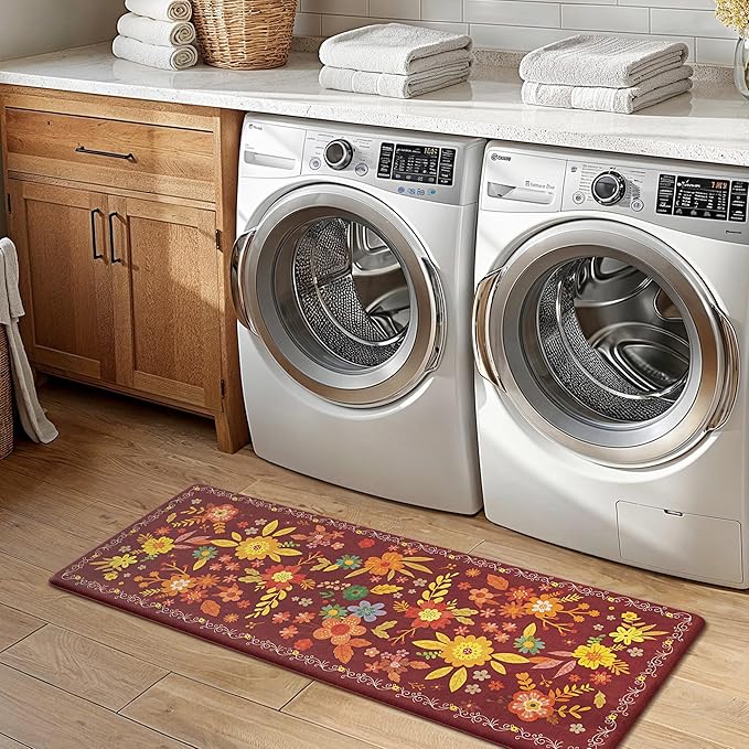 GENIMO Kitchen Mats for Floor 2PCS, Cushioned Kitchen Rugs Non Slip Washable, Farmhouse Anti Fatigue Mat Waterproof, Comfort Standing Mat Rug for Office, Home, Laundry, 17.3"x47"+17.3"x30", Red