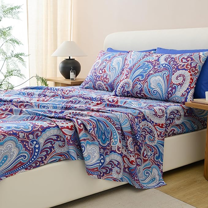 Twin Size Bed Sheets Set Deep Pockets - 6PC Floral Ultra Soft Microfiber Bed Sheets - Easy to Clean, 90 Thread Count Sheets with Fitted Sheet, Flat Sheet & Pillowcases (Navy Medallion)