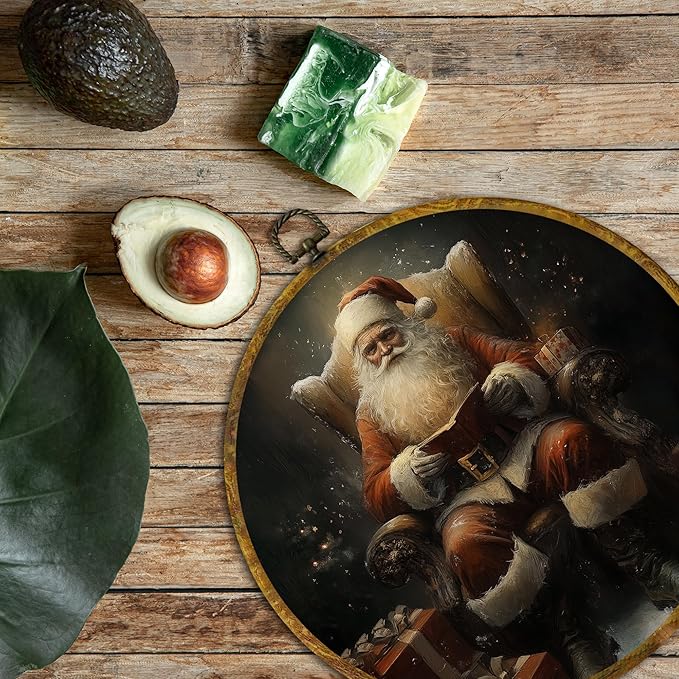QZQE Vintage Christmas Santa Round Wall Art Decor Framed, Dark Moody Santa Reading Book Circle Canvas Prints, Rustic Xmas Circular Wall Hanging Decor for Home Library Reading Room Gallery, 10x10 Inch