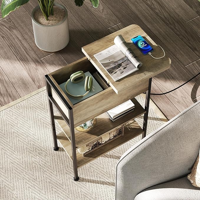 WLIVE End Table with Charging Station, Flip Top Side Table with Storage Shelf, Sofa Couch Table with USB Ports and Outlets, Narrow Bedside Table for Living Room, Bedroom ,11.81"D x 23.62"W x 24.33"H