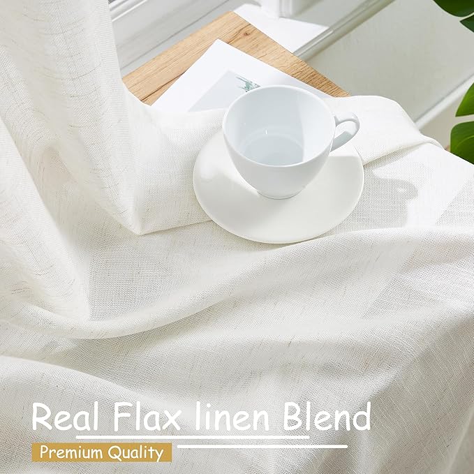 Treatmentex Flax Blend Linen Semi Sheer Curtains 52 x 45 White Light Filtering Privacy Curtains for Small Windows Rod Pocket, 2 Panels