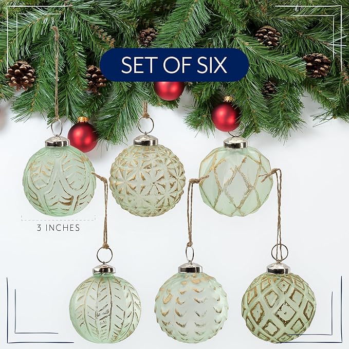 AuldHome Design Farmhouse Ball Ornaments (Set of 6, Soda Glass); Distressed Metal Glass Ball Vintage Style Christmas Decorations