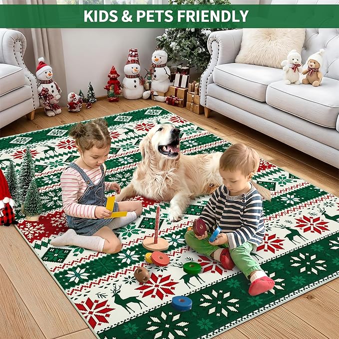Christmas Living Room Area Rug 8x10 Large Washable Rug Indoor Non-Slip Low Pile Throw Floor Covers Xmas Decorative Boho Accent Rug Farmhouse Rugs Rustic Festival Carpet for Bedroom Dining Room, Green