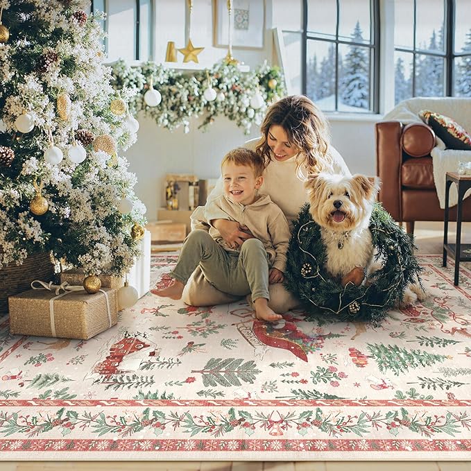 Lahome Christmas 5x7 Rugs for Living Room, Christmas Tree Santa Claus Soft Bedroom Rug Indoor, Non Slip Washable Low Pile Floor Carpet for Dining Room Winter Holiday Decor, Beige