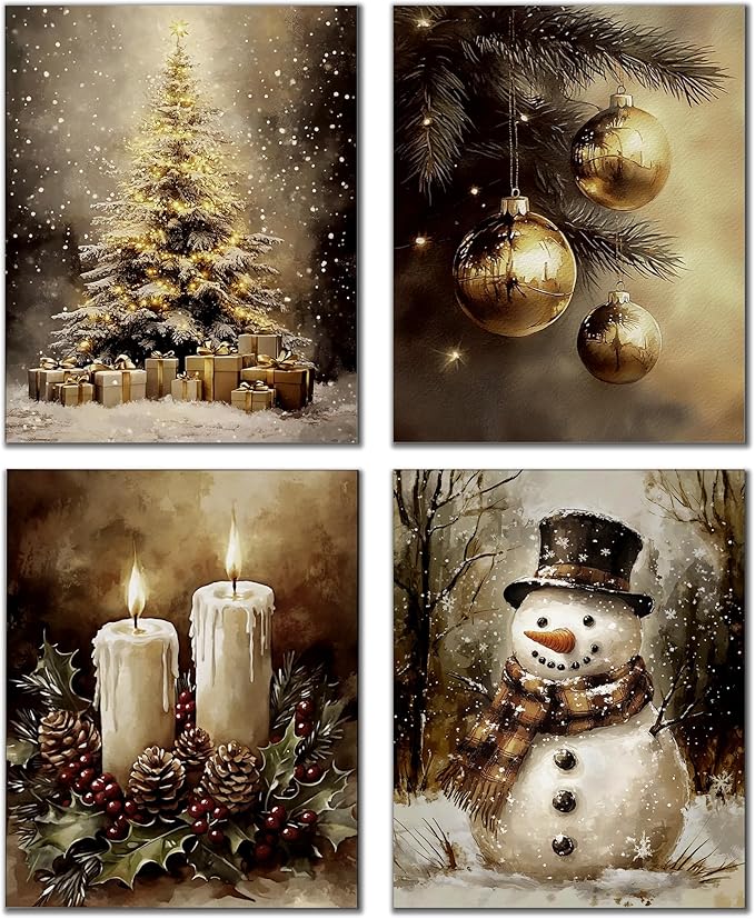 DOFQZ Vintage Christmas Wall Art Prints Set of 4, Farmhouse Christmas Decor, Moody Rustic Xmas Tree Gold Bauble Ball Candle Snowman Posters for Home Living Room Decor, 8x10 Unframed