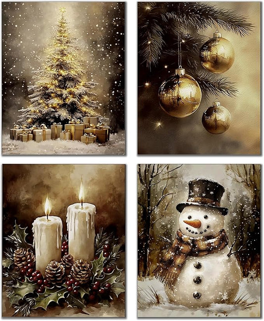 DOFQZ Vintage Christmas Wall Art Prints Set of 4, Farmhouse Christmas Decor, Moody Rustic Xmas Tree Gold Bauble Ball Candle Snowman Posters for Home Living Room Decor, 8x10 Unframed