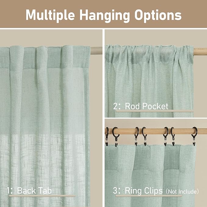 LAMIT 102 Inch Length Light Filtering Sheer Linen Curtains, Linen Textured Semi Sheer Back Tab and Rod Pocket Natural Boho Drapes for Living Room/Farmhouse, 2 Panels, Light Sage, 52 x 102 Inch