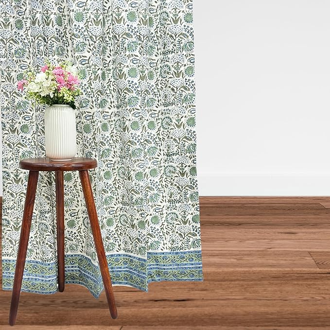 ATOSII 100% Cotton Single Panel Block Print Curtain, Easy Hanging with Rod Pocket & Loop, Living Room, Dining Room, Bedroom Light Filtering Boho Curtains, Set of 1, 60" W X 96" L, Clover Blue