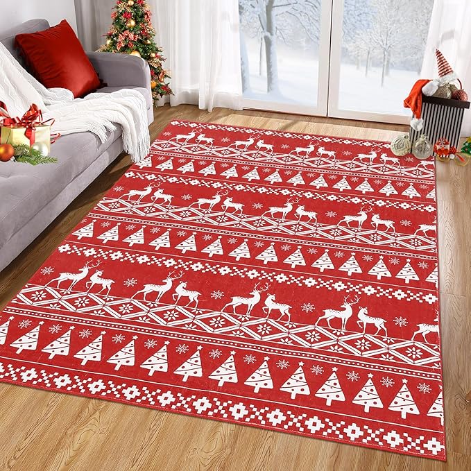 RUGSREAL Christmas Area Rug 5x7 Feet Christmas Tree and Deer Pattern Floor Cover Boho Style Machine Washable Indoor Carpet Rug Decorative Non Slip Accent Rug for Kitchen Living Room Bedroom