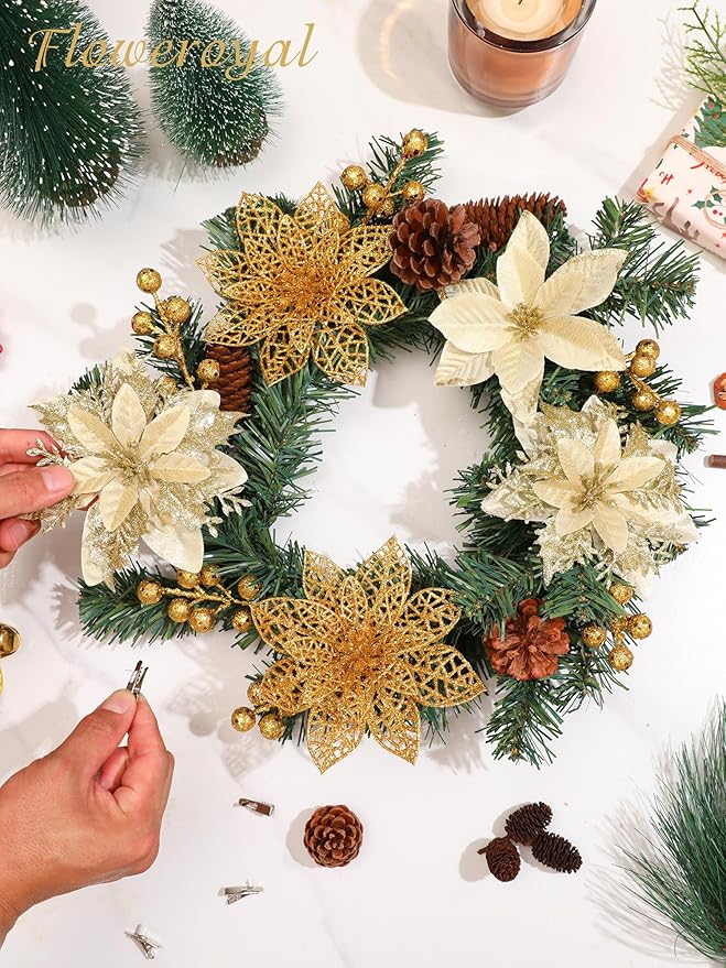 Floweroyal 60pcs Poinsettia Artificial Christmas Flowers Decorations with Clips and Berry Stems Glitter Ornaments for Christmas Tree Wreath Fireplace Stairs Decor (Gold-3 Styles)