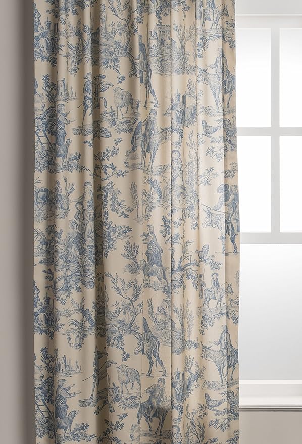 Maison d' Hermine Curtains for Living Room 100% Cotton 108 inch Length One Panel Light Filtering Toile Curtains for Bedroom Windows with Rod and Loop Pockets Drapes (The Miller Blue, 50" W x 108" L)