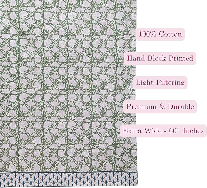 ATOSII 100% Cotton Single Panel Floral Block Print Curtain, Easy Hanging with Rod Pocket & Loop, Living Room, Dining Room, Bedroom Light Filtering Boho Curtains, Set of 1, 60" W X 96" L, Jade Green