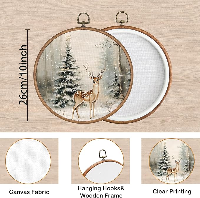KSDUT Christmas Wall Decor Art - Winter Woodland Xmas Wall Art Canvas Frame Hanging Prints, Vintage Pine Tree Deer Holiday Landscape Round Wall Art Decor for Home Farmhouse Decorations 10"x10"