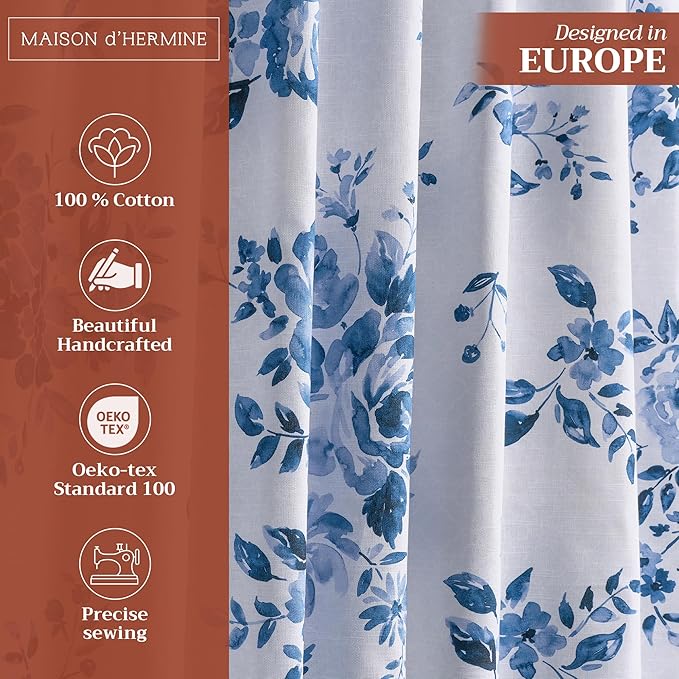Maison d'Hermine Curtains for Living Room 100% Cotton 124 inch Length One Panel Window Curtains for Bedroom with Loop & Rod Pockets - Rose Garden - Blue, 50" W x 124" L